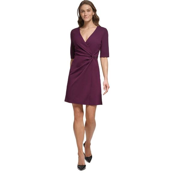 DKNY Women's Side-Knot V-Neck Sheath Dress - Raisin 8 - Picture 1 of 6